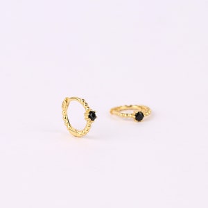 Beaded Black Single Stone Huggie Hoop Earrings, Gold Diamond CZ Hoop Earrings, Tiny Gemstone Bead Hoop Earrings, Silver Small Hoop Earrings