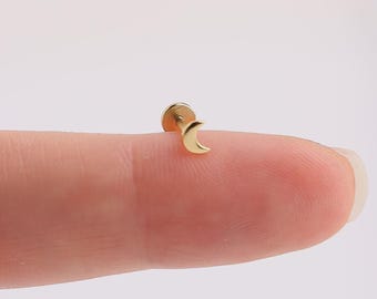 18G Crescent Moon Threadless Push Pin Labret Flat Back Stud Earring, Sterling Silver Tiny Moon Shape Cartilage Helix Flat Back Stud Earring