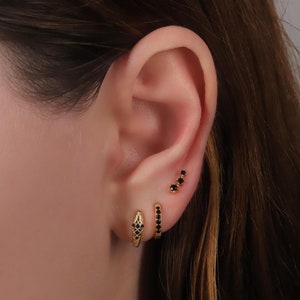 Gold Snake Huggie Hoop Earrings Set, Sterling Silver Snake Charm Curated Earrings Set, Tiny Black Stone Huggie Hoop Earrings Stacking Set