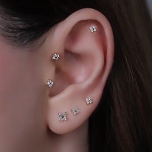 18G Flower Threadless Push Pin Labret Stud, Sterling Silver Flower Shape Flat Back Stud Earring, Gold Cartilage Stud, Helix Stud, Nose Stud