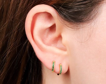 Tiny Emerald Huggie Hoop Earrings, Gold Small Emerald Green CZ Hoop Earrings, Silver Cartilage Earring, Helix Hoops, Conch Hoop, Tragus Hoop