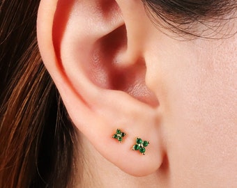 Gold Emerald Flower Stud Earrings, Dainty Four Stones Stud Earrings, 925 Sterling Silver Tiny Stud Earrings, Minimalist Small Stud Earrings