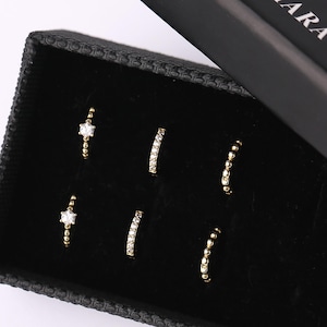 Beaded Hoop Earring Set, Sterling Silver Tiny Curated Huggie Hoop Earring Set, Gold Everyday Huggie Hoop Earrings Set, Cartilage Huggie Hoop