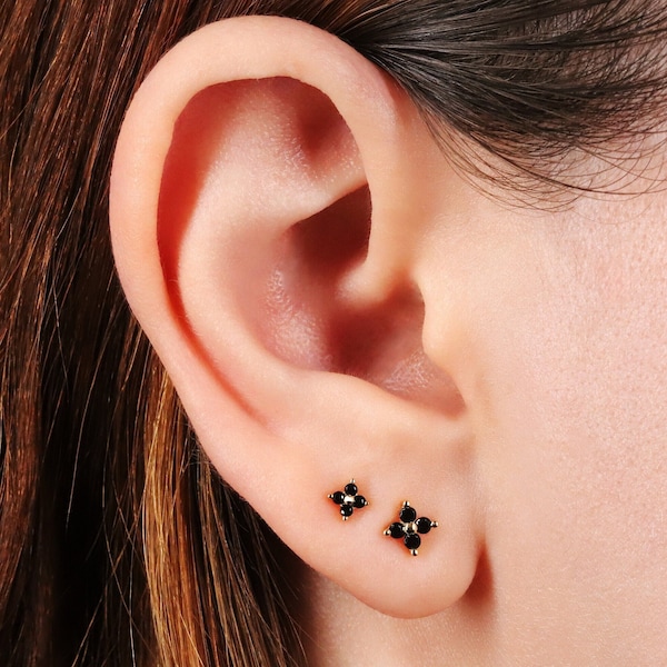 Tiny 4 Leaf Black Stone Flower Stud Earrings, Dainty Black 4 Leaf Clover Small Stud Earrings Sterling Silver, Minimalist Gold Stud Earrings,