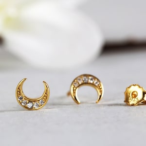 Dainty Crescent Moon CZ Stud Earrings, Tiny Gold Minimalist Celestial Studs, 18K Gold Plated Sterling Silver, Everyday Earrings