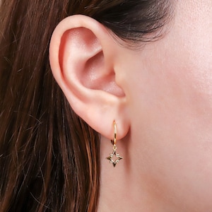 Dangly Star Hoop Earrings, Tiny Gold Huggie Hoop Earrings with Dangling Star Charm, North Star Hoop Earrings, Starburst Dangle Hoop Earrings
