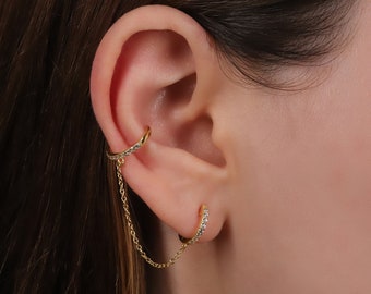 Ear Cuff Chain Earrings, Gold Conch Chain Earrings, Sterling Silver Hoop Chain Earrings, Ear Cuff No Piercing, Dangle Chain Cuff Earrings