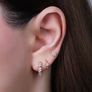 Thick Diamond CZ Huggie Hoop Earrings Set for Multiple Piercings, Sterling Silver Gemstone Hoop Earrings Set, Sparkly Gold Hoop Earrings Set
