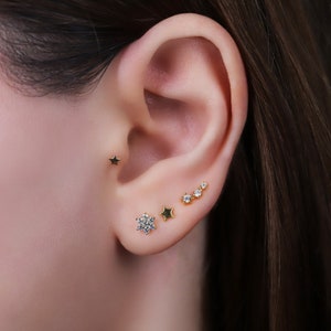 Tiny Flower Star Stud Earrings Set, Sterling Silver Stud Earrings Set, Curated Celestial Stus Earring Set, Dainty Stud Earrings Stacking Set