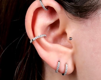 Tiny Gold Huggie Hoop Earrings, Sterling Silver CZ Diamond Pave Hoop Earrings, Minimalist Small Hoop Earrings, Cartilage Helix Hoop Earrings