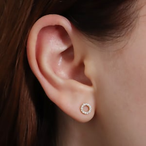 Tiny Gold CZ Diamond Open Circle Stud Earrings, Sterling Silver Small Round Shape Stud Earrings, Dainty Circular Diamond Pave Stud Earrings