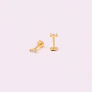 Tiny 18G Marquise Threadless Push Pin Flat Back Labret Stud, Sterling Silver Diamond CZ Flat Back Stud Earring, Cartilage Stud, Helix Stud
