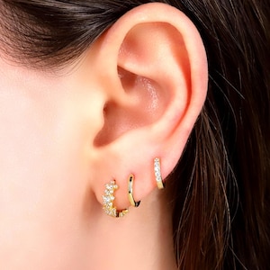 Gold Huggie Hoop Earrings Set, CZ Dainty Ear Stack, 3 Piece Minimalist Hoop Set, Sterling Silver Small Hoop Earrings Stacking Set