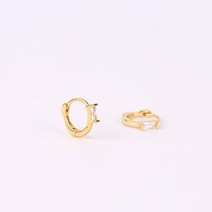 Baguette Diamond Huggie Hoop Earrings, Tiny Gold Baguette Hoop, Helix Huggie Hoop, Sterling Silver Small Hoop Earring, Cartilage Huggie Hoop