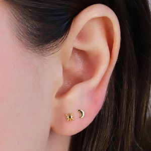Ensemble de boucles d'oreilles sans filetage labret à épingles et étoile de lune 18G, ensemble de petites boucles d'oreilles en argent sterling à dos plat, clou hélicoïdal, clou de cartilage