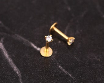 Threadless Push Pin Labret Stud, Tragus Stud, Tiny Helix Piercing, Gold Conch Stud, 18G Sterling Silver Flat Back Earring, Cartilage Stud