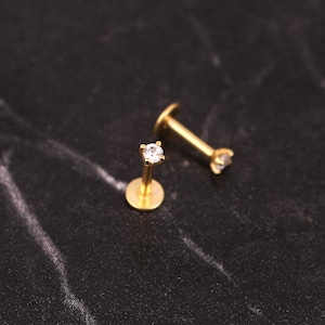 Petit clou labret sans filetage en diamants minuscules 18G, clou d'oreille en argent sterling 925 à l'arrière plat CZ, clou du cartilage en or, clou hélicoïdal, clou de nez