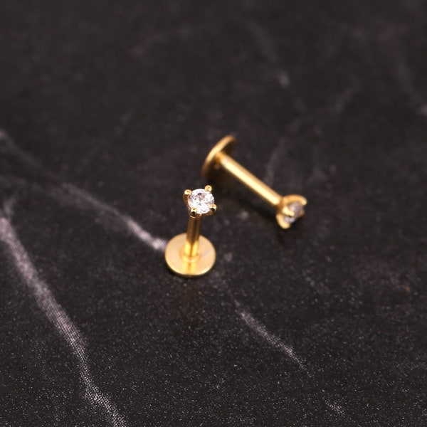 Threadless Push Pin Labret Stud, Tragus Stud, Tiny Helix Piercing, Gold Conch Stud, 18G Sterling Silver Flat Back Earring, Cartilage Stud