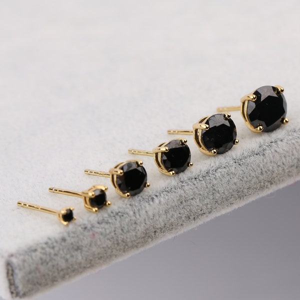 Gold Black Diamond Stud Earrings, Tiny Black Stone Stud Earrings for Women, 925 Sterling Silver Black Onyx Stud Earrings, Small Stud Earring