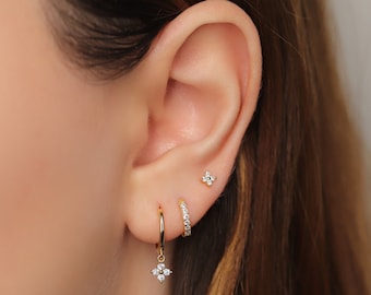 Flower Charm Hoop Earrings Set for Multiple Piercings, Gold Pave Hoop Earring Set, Sterling Silver Curated Earring Set, Earring Stacking Set