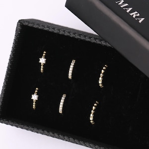 Beaded Hoop Earring Set, Sterling Silver Tiny Curated Huggie Hoop Earring Set, Gold Everyday Hoop Earring Stacking Set, Cartilage Helix Hoop