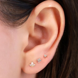 Tiny Floral Threadless Push Pin Flat Back Labret Stud Earrings Set, Sterling Silver Flower Stud Earrings Set, Ball Backing Stud Earrings Set