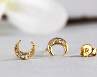 Moon Stud Earrings, Sterling Silver Tiny Moon Stud Earrings, Hypoallergenic Gold Crescent Moon Stud Earrings, Minimalist Celestial Earrings
