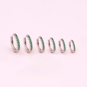 Tiny Emerald CZ Huggie Hoop Earrings, Gold Hoop Earrings, Sterling Silver Small Hoop Earring, Minimalist Cartilage Helix Tragus Hoop Earring