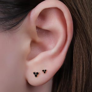 Black Stone Flower Stud Earrings for Women, Tiny Gold Trio Stone Stud Earrings, Sterling Silver Small Stud Earrings, Minimalist Stud Earring