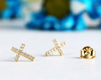 Gold Cross Stud Earrings, Sterling Silver Tiny Diamond CZ Cross Stud Earring, Minimalist Small Stud Earring, Dainty Cross Protection Jewelry