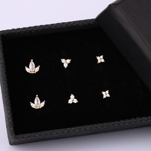 Tiny Stud Earrings Set, Gold Flower Charm Ball Back Stud Earrings Set, Sterling Silver Floral Threadless Push Pin Flat Back Stud Earring Set