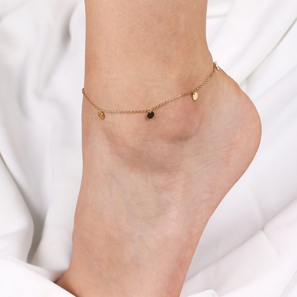 Dainty Gold Dangling Coin Ankle Bracelets for Women, Sterling Silver Dangle Charm Anklet, Gold Coin Anklet, Gold Silver Disc Anklet Bracelet