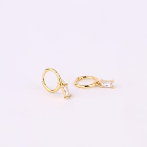 Baguette Charm Dangle Hoop Earrings, Huggie Hoop Earring with Dangling Diamond Charm, Sterling Silver Dangly Diamond Charm Drop Hoop Earring