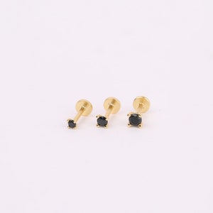 Petite pierre noire fine 18G, clou d'oreille labret sans filetage, boucle d'oreille en argent sterling 925 et onyx à l'arrière plat, clou du cartilage, clou hélicoïdal, clou de nez