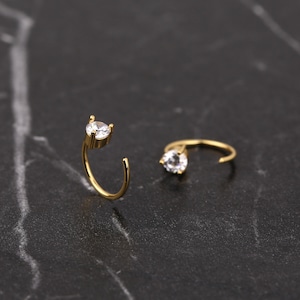 May include: Two gold-colored nose rings with a curved design. Each ring features a clear, round gemstone at the top. The jewelry is set against a dark, textured background.