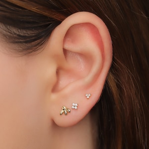 Ensemble de boucles d'oreilles fleurs en argent sterling, clous d'oreilles labret sans fil fleur en argent sterling, ensemble de boucles d'oreilles superposables, clou d'oreilles à dos plat