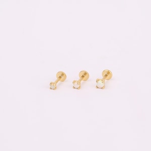 18G Tiny Opal Threadless Push Pin Labret Stud, Sterling Silver White Opal Stone Flat Back Stud Earring, Cartilage Stud Earring, Helix Stud