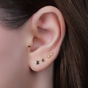 Ensemble de clous d'oreilles labret à dos plat sans fil céleste en or 18 g, parure de clous d'oreilles petite étoile en argent sterling, ensemble de boucles d'oreilles superposables