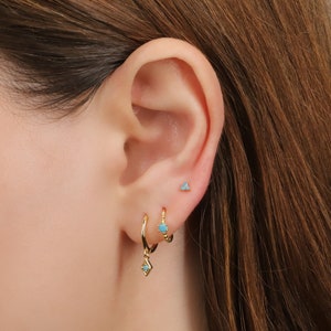 Turquoise Charm Hoop Earrings Set, Gold Dangly Charm Hoop Earrings Set, Sterling Silver Curated Turquoise Earrings Set, Earring Stacking Set