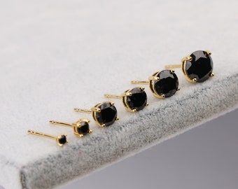 Puces d'oreilles en or et diamants noirs, Petites puces d'oreilles en pierre noire pour femme, Boucles d'oreilles en argent sterling 925 avec onyx noir, Petite boucle d'oreille