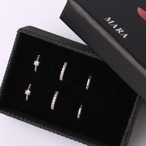 Thin Hoop Earrings Set, Sterling Silver Diamond CZ Huggie Hoop Earrings Set, Tiny Gold Curated Hoop Earrings Set, Hoop Earrings Stacking Set
