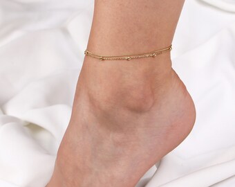Gold Satellite Chain Anklet, Double Layered Anklet Bracelet, Sterling Silver Bead Anklet, Tiny Ball Double Chain Ankle Bracelets for Women