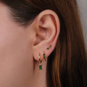 Dangling Emerald Charm Hoop Earring Set, Tiny Sterling Silver Emerald Hoop Earrings Stacking Set, Dangle Diamond CZ Charm Drop Hoop Earrings