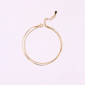 Double Layered Thin Snake Chain Bracelet, 925 Sterling Silver Double Box Chain Bracelet, Gold Multilayer Bracelet, Double Row Chain Bracelet