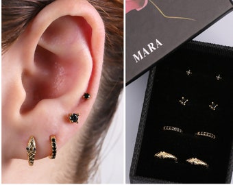 Snake Earrings Set for Multiple Piercings, Tiny Gold Snake Earrings Stacking Gift Set, Small Black Stone Stud Earrings, Serpent Hoop Earring