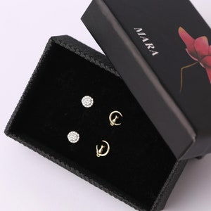 Tiny Cat Moon Stud Earrings Set, 925 Sterling Silver Cat and Pave Moon Disc Stud Earrings Set, Tiny Gold Cat Moon Stud Earrings Stacking Set