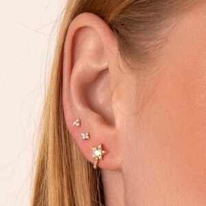 Celestial Star Disc Hoop Set, Threadless Push Pin Flat Back Stud Earring, CZ Disc Charm Dangle Huggies, Sterling Silver Curated Ear Stack