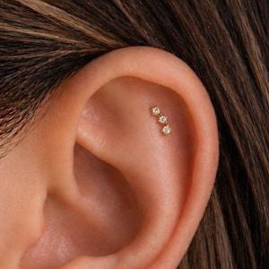 18G Tiny Three Cz Push Pin Labret Threadless End Gold Flat Back Earring, Sterling Silver Climber Helix Cartilage Conch Nose Flat Back Stud