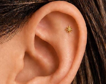 18G Starburst Threadless Push Pin Gold Flat Back Stud Earring, Sterling Silver Tiny Star Cartilage Helix Tragus Conch Flat Back Stud Earring