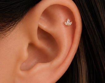 Sterling Silver Trinity CZ Threadless Push Pin Labret, 18G Tiny Marquise Flat Back Stud, Crown Shape Cartilage Earring, Helix Conch Piercing